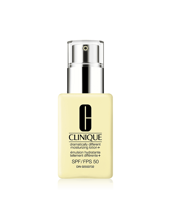 Dramatically Different Moisturizing Lotion+™ SPF 50, Ανάλαφρη ενυδατική λοσιόν που ενισχύει τον φραγμό της επιδερμίδας, παρέχει άμεση ενυδάτωση και προστατεύει με SPF 50, χωρίς να αφήνει λευκά υπολείμματα. Η επιδερμίδα δείχνει πιο υγιής και δυνατή.
