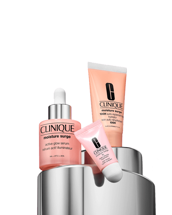 Active Glow Kit: Moisture Surge Set, Σετ με τρία απαραίτητα προϊόντα περιποίησης για λαμπερή επιδερμίδα, που συμπεριλαμβάνει την best seller ενυδατική μας κρέμα, ορό και balm για τα χείλη.