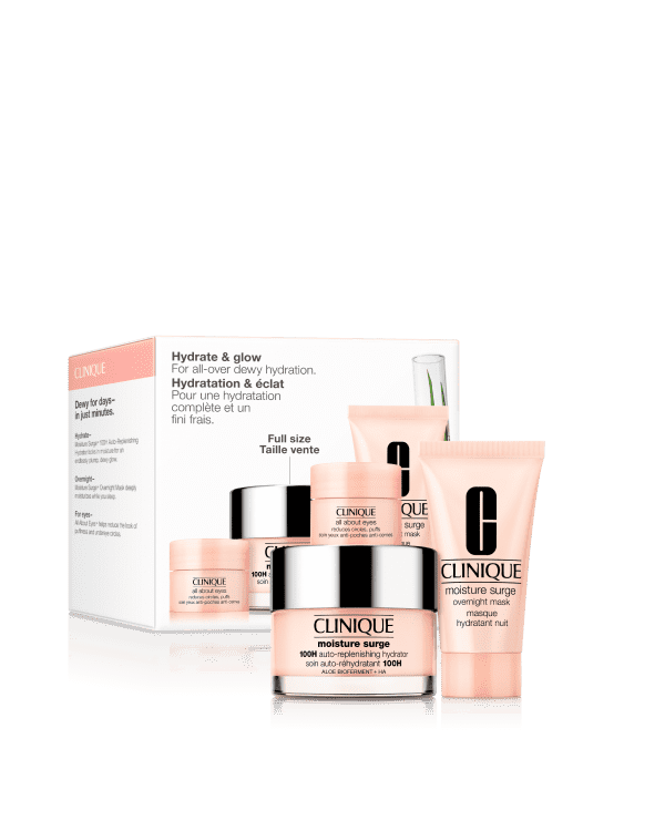 Hydrate + Glow: Moisture Surge Set For All-Over Dewy Hydration, 3 αγαπημένα προϊόντα περιποίησης για ενυδάτωση που διαρκεί όλο το 24ωρο, περιλαμβάνοντας το bestseller Moisture Surge™ 100H Hydrator σε κανονικό μέγεθος.