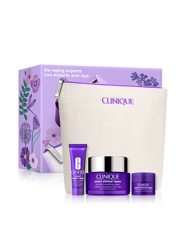 De-Aging Experts Skincare Set, Όλα όσα χρειάζεστε για να αντιμετωπίσετε τις ρυτίδες. Ο «έξυπνος» συνδυασμός μας ενάντια στη γήρανση περιλαμβάνει ορό, κρέμα ματιών και αντιρυτιδική κρέμα προσώπου σε κανονικό μέγεθος.
